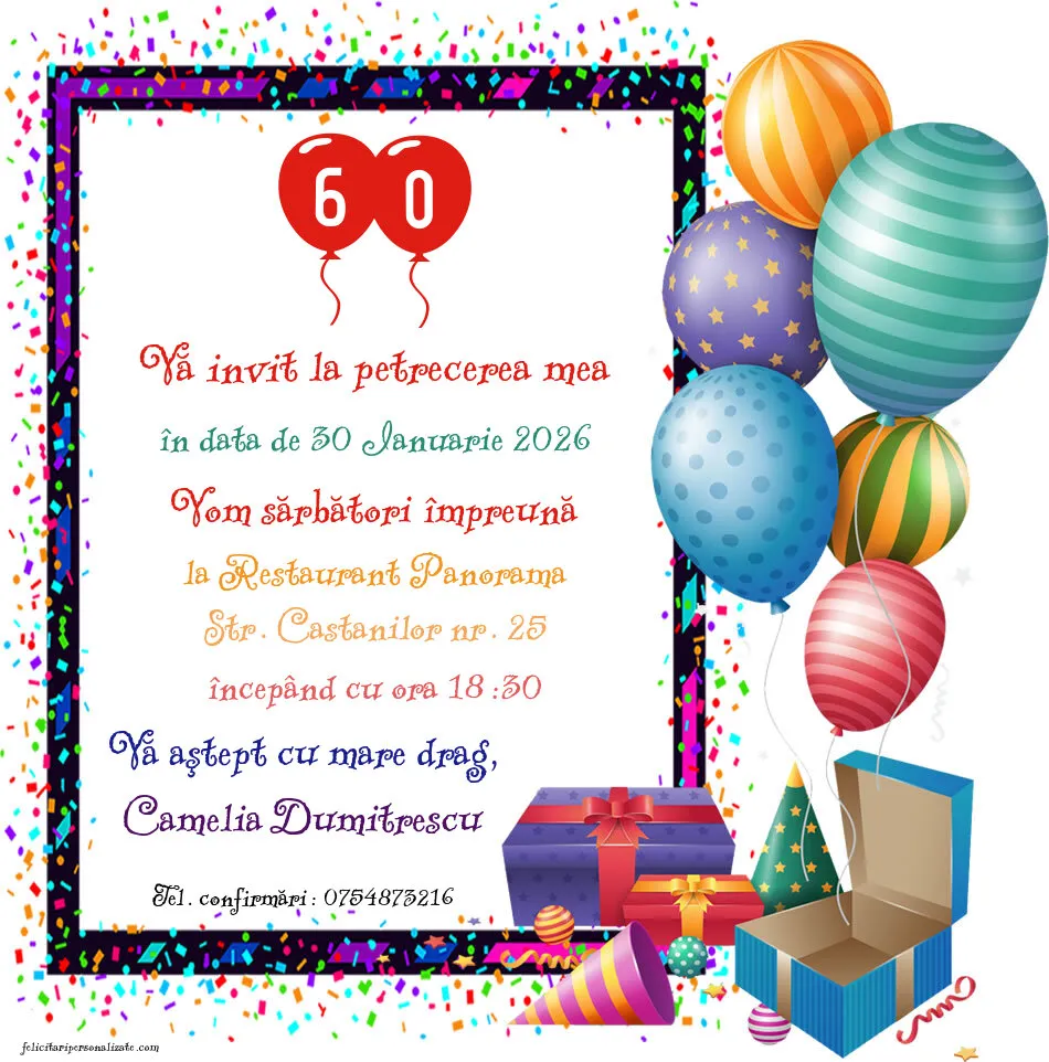 Exemplu completat: Invitație cu confeti
