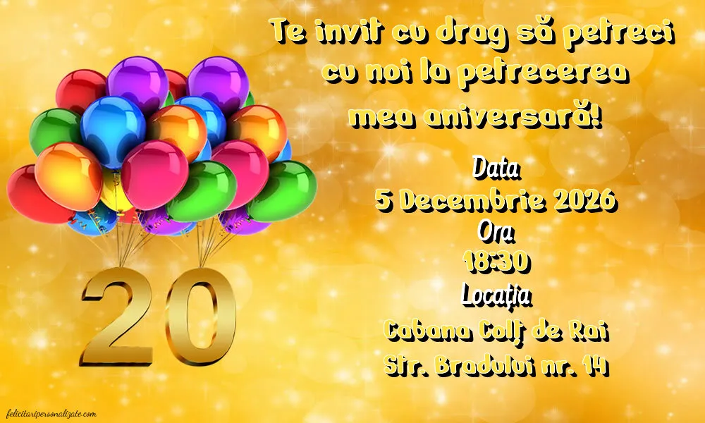 Exemplu completat: Invitație pentru 20 ani