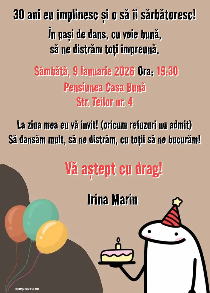 Exemplu completat: Invitație amuzantă