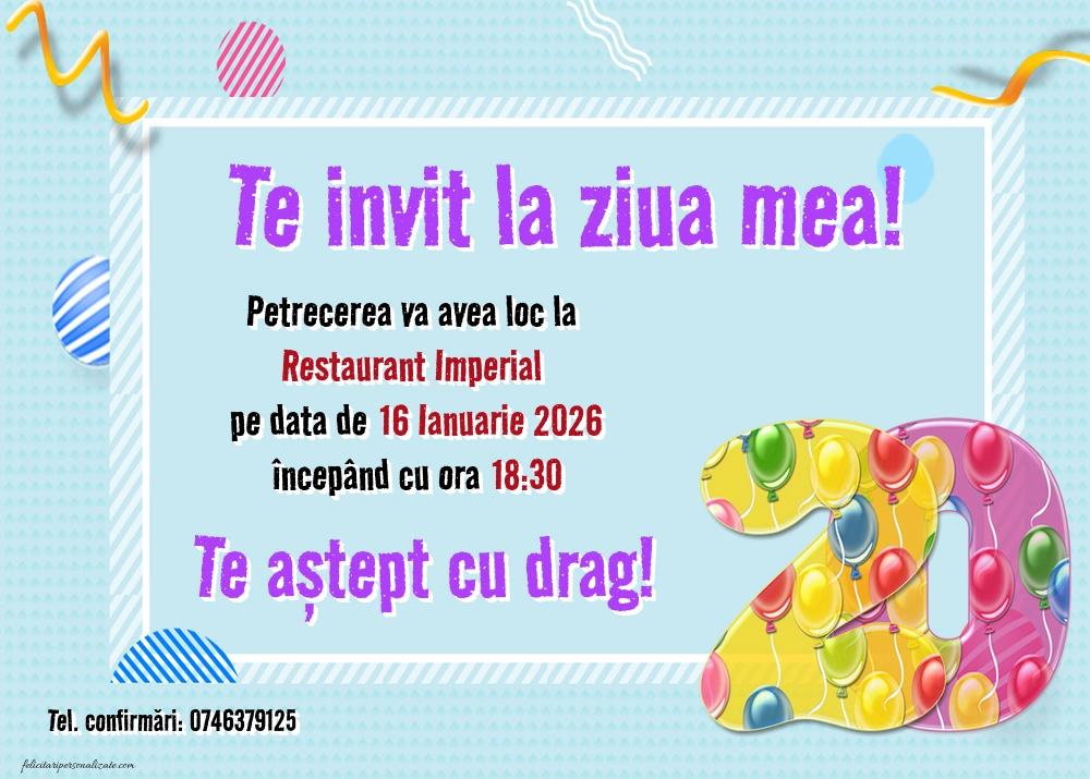 Exemplu completat: Invitație pentru 20 ani