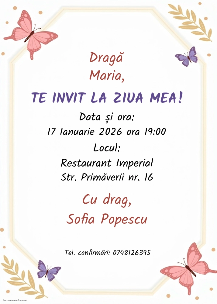 Invitație cu fluturi