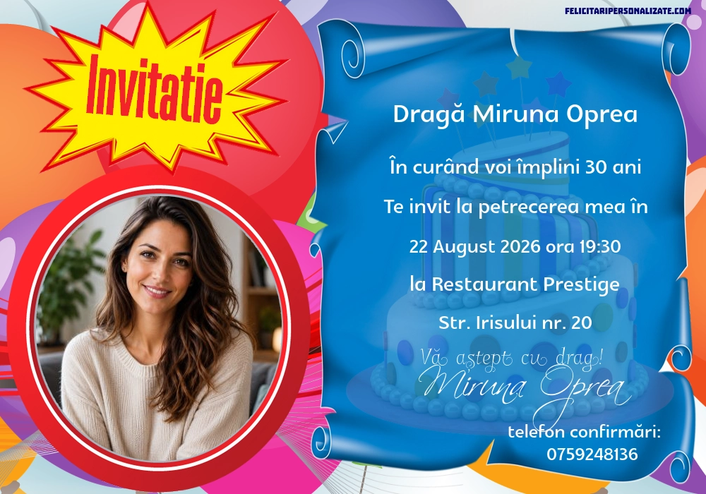 Exemplu completat: Invitație cu baloane