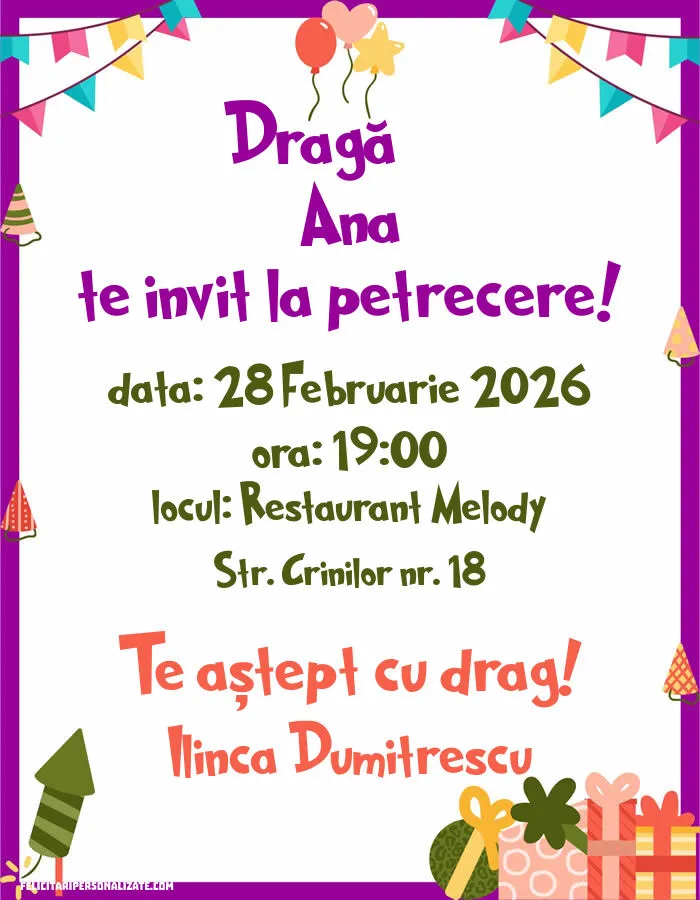 Exemplu completat: Invitație cu cadouri