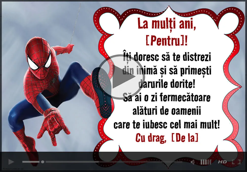 Felicitare muzicală cu Spiderman personalizată cu nume pentru băieți: La mulți ani... Cu drag,... | Felicitari muzicale pentru copii