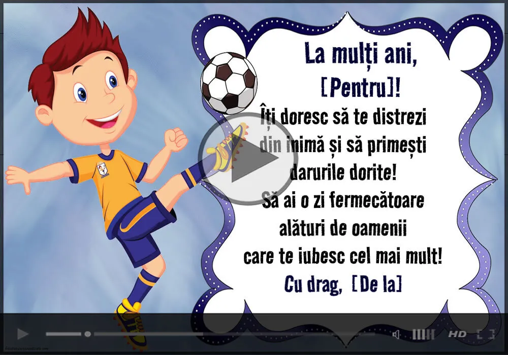 Felicitare muzicală cu fotbal personalizată cu nume pentru băieți: La mulți ani... Cu drag,... | Felicitari muzicale pentru copii