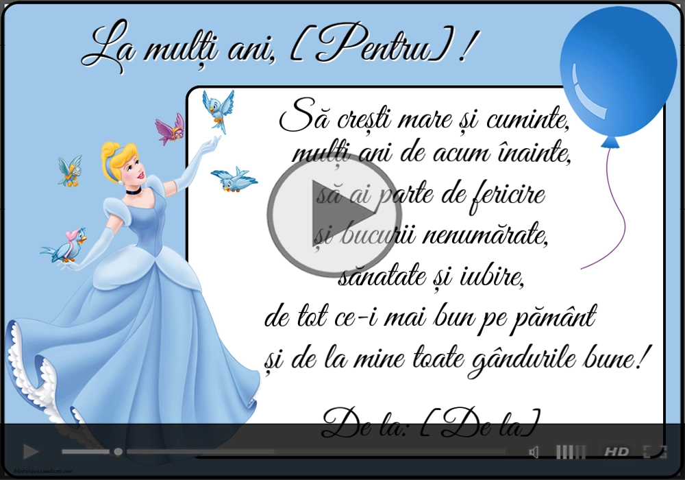 Video muzical pentru fete cu Cenușăreasa personalizabil cu nume | Felicitari muzicale pentru copii
