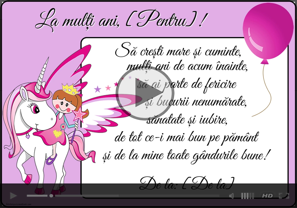 Video muzical pentru fete cu un unicorn și o prințesă personalizabil cu nume | Felicitari muzicale pentru copii